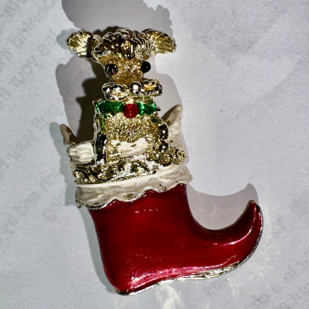 Vintage Gerry's Gold Tone Red Enamel Poodle Dog Christmas Stocking Pin Brooch